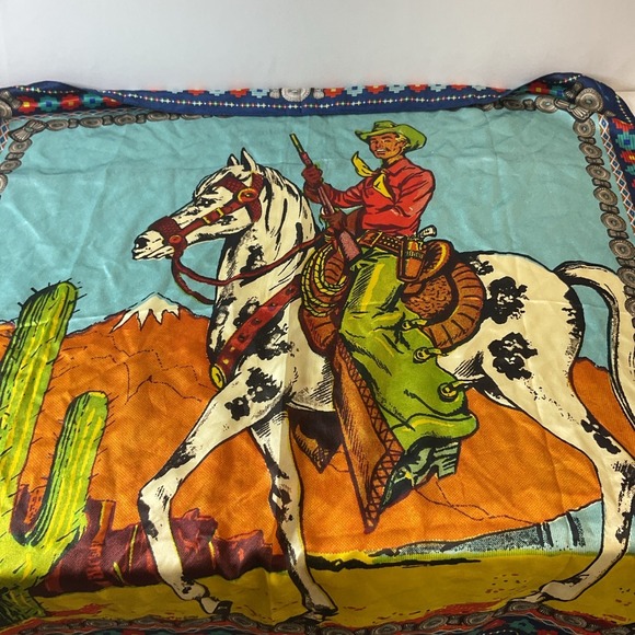 Fringe Scarves Accessories - Retro Cowboy Western Silk Scarf Fringe scarves 34 x 30 Rodeo Colorful